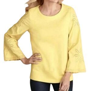 Soft Surroundings sweatshirt eyelet lace sleeve pullover shirt spring yellow Siz